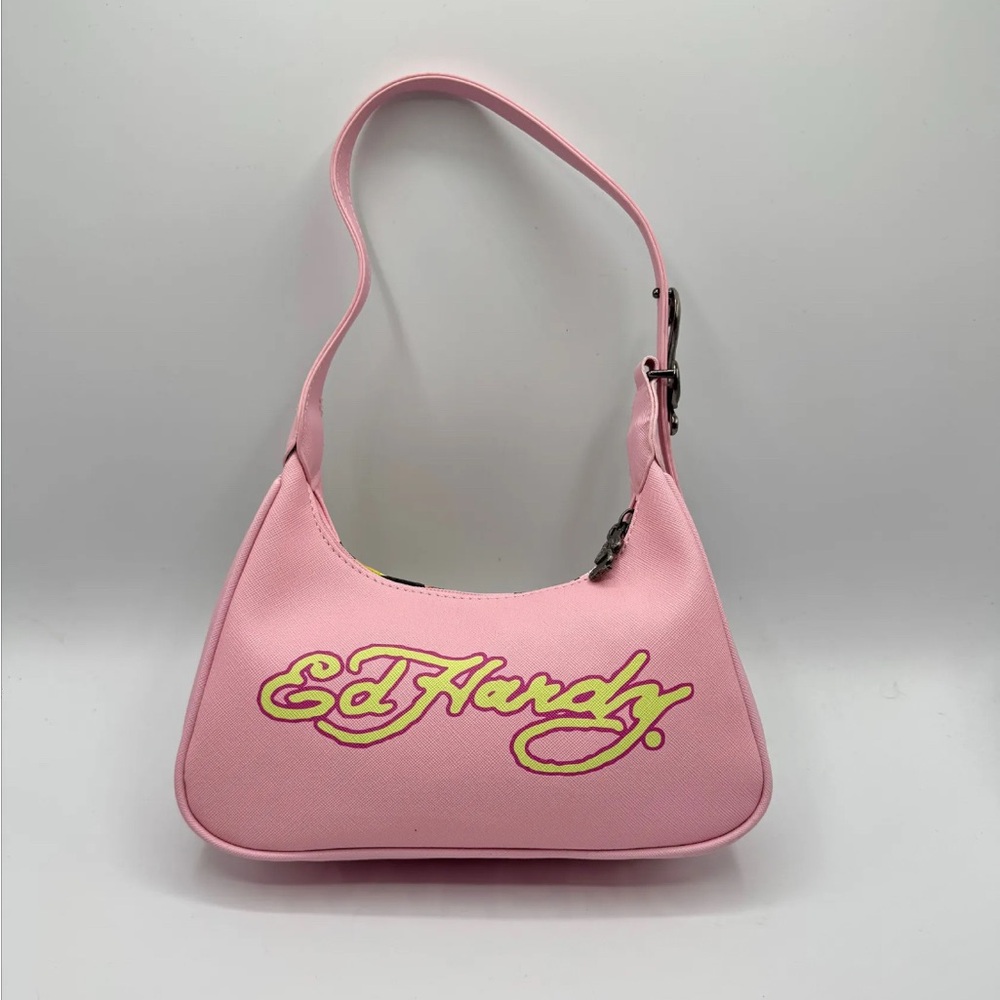 Ed Hardy Pink Shoulder Bag with Tiger and Rose Design and Siberian dust bag - Picture 2 of 4